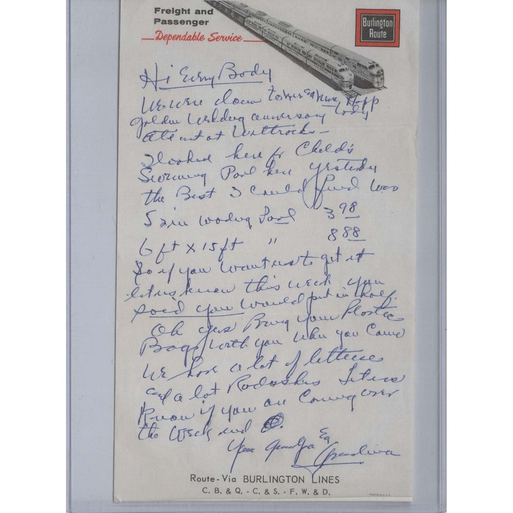 Vintage Burlington Route Railroad Handwritten Letter CB&Q Train Stationery